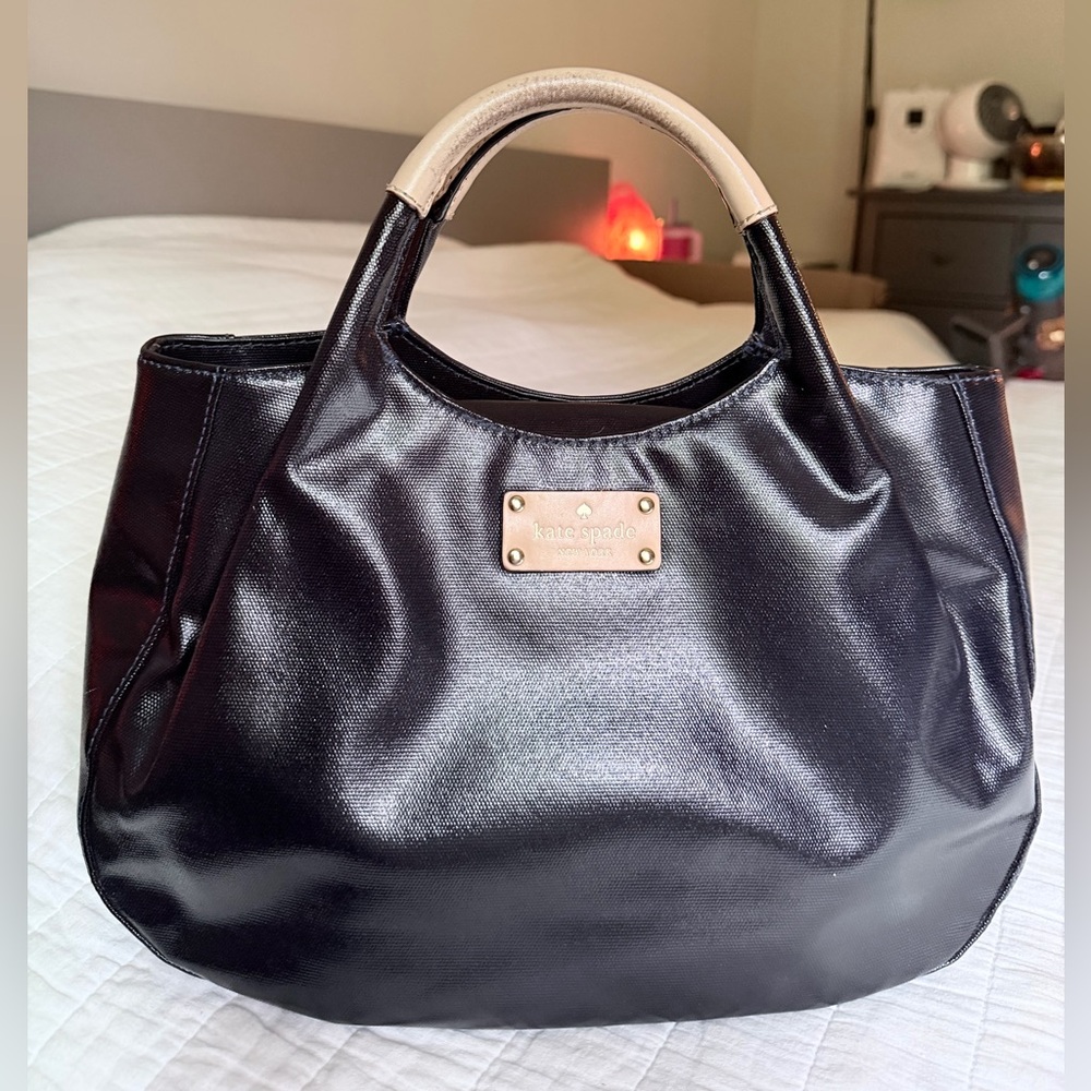 Kate Spade Shiny Black Tote with Tan Handles